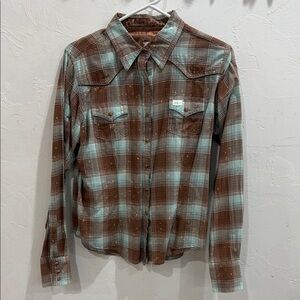 Women's Brown and Blue Plaid Button Down Shirt